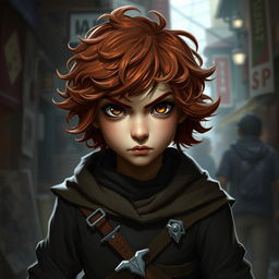 A teen girl Halfling rogue thief with short, curly reddish-brown hair and hazel eyes, exhibiting a fierce look on her face