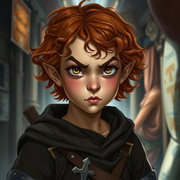 A teen girl Halfling rogue thief with short, curly reddish-brown hair and hazel eyes, exhibiting a fierce look on her face