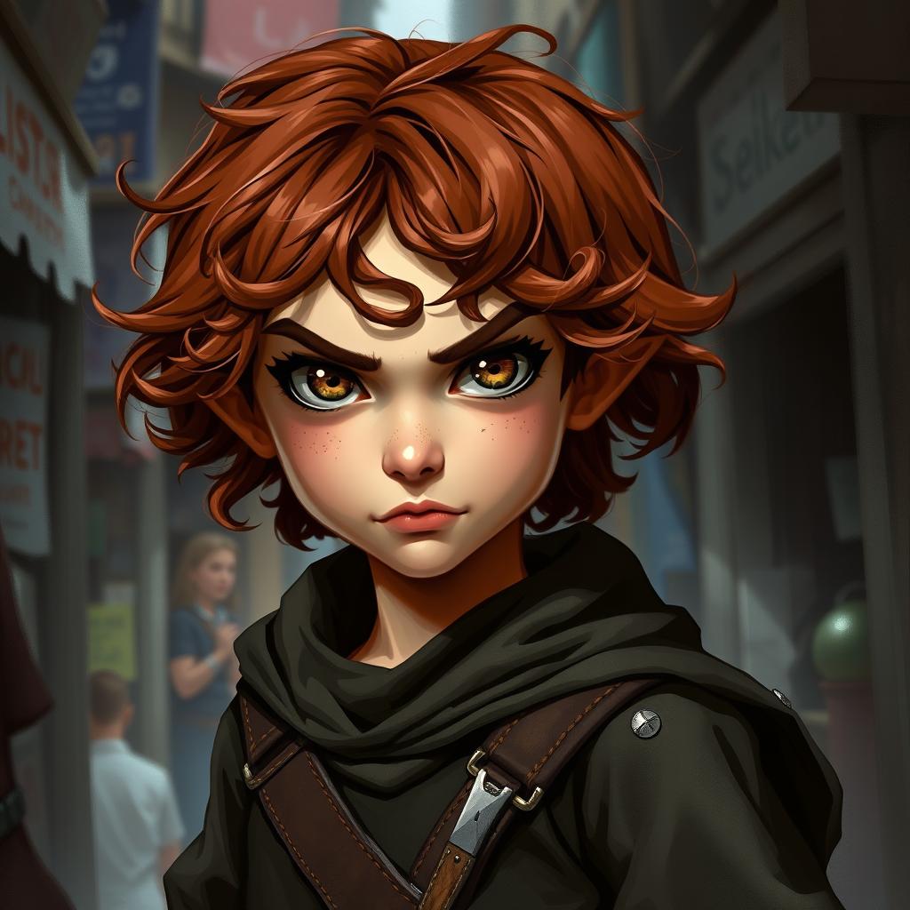 A teen girl Halfling rogue thief with short, curly reddish-brown hair and hazel eyes, exhibiting a fierce look on her face