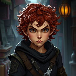 A teen girl Halfling rogue thief with short, curly reddish-brown hair and hazel eyes, exhibiting a fierce look on her face