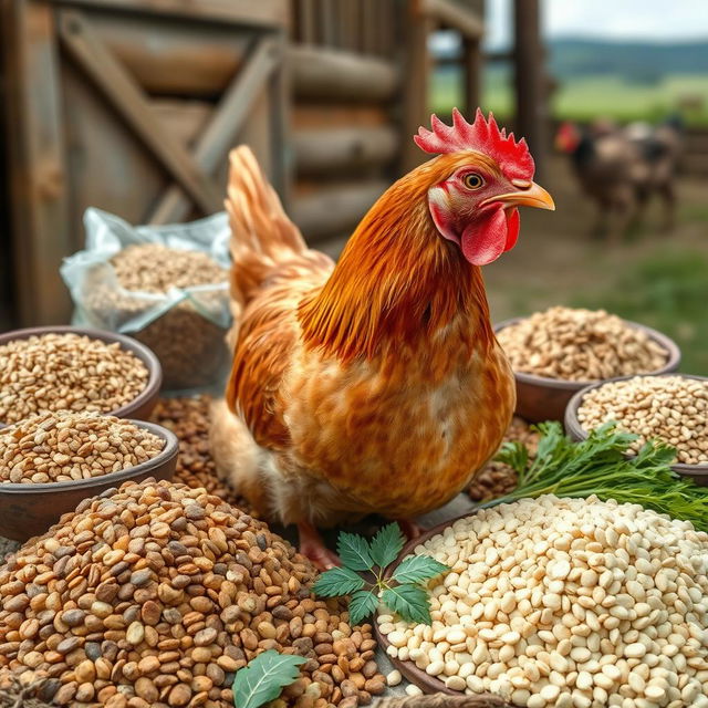 A realistic depiction of a laying hen (ayam petelur) in the center of the image surrounded by various types of chicken feed, including grains, pellets, and supplements