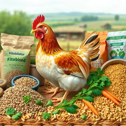 A realistic depiction of a laying hen (ayam petelur) in the center of the image surrounded by various types of chicken feed, including grains, pellets, and supplements
