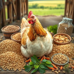 A realistic depiction of a laying hen (ayam petelur) in the center of the image surrounded by various types of chicken feed, including grains, pellets, and supplements