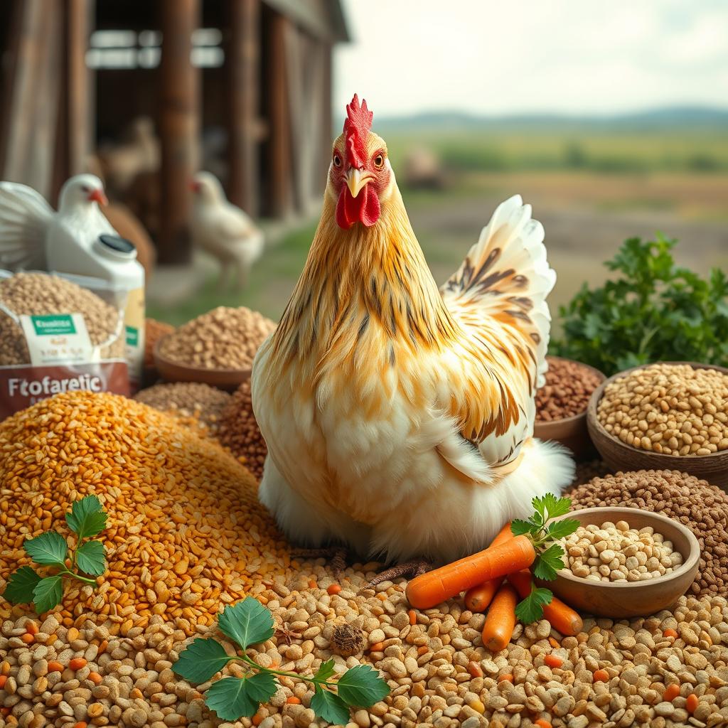 A realistic depiction of a laying hen (ayam petelur) in the center of the image surrounded by various types of chicken feed, including grains, pellets, and supplements