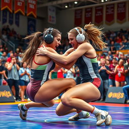 A dynamic scene capturing a female freestyle wrestling match featuring two athletic women engaging in a spirited competition