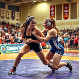 A dynamic scene capturing a female freestyle wrestling match featuring two athletic women engaging in a spirited competition