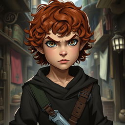 A teen girl Halfling rogue thief with short, curly reddish-brown hair and hazel eyes, showcasing a fierce look on her face