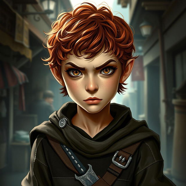 A teen girl Halfling rogue thief with short, curly reddish-brown hair and hazel eyes, showcasing a fierce look on her face