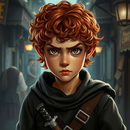 A teen girl Halfling rogue thief with short, curly reddish-brown hair and hazel eyes, showcasing a fierce look on her face