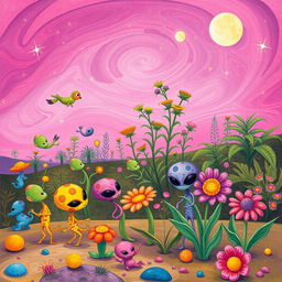 A surreal scene depicting an alien landscape filled with vibrant colors and strange, fantastical creatures