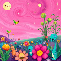 A surreal scene depicting an alien landscape filled with vibrant colors and strange, fantastical creatures
