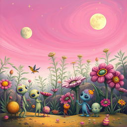 A surreal scene depicting an alien landscape filled with vibrant colors and strange, fantastical creatures