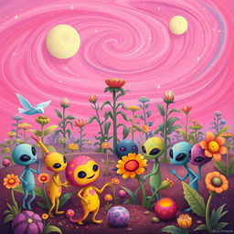 A surreal scene depicting an alien landscape filled with vibrant colors and strange, fantastical creatures