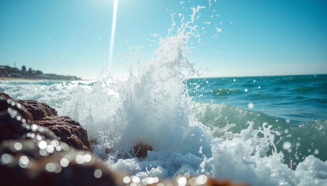 A dynamic image capturing the splashing of seawater, with droplets vividly visible in the air