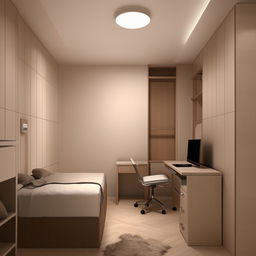 Design a 10.65 square meter room furnished with a desk, bed, cupboard and featuring a 65-inch wall-mounted TV.