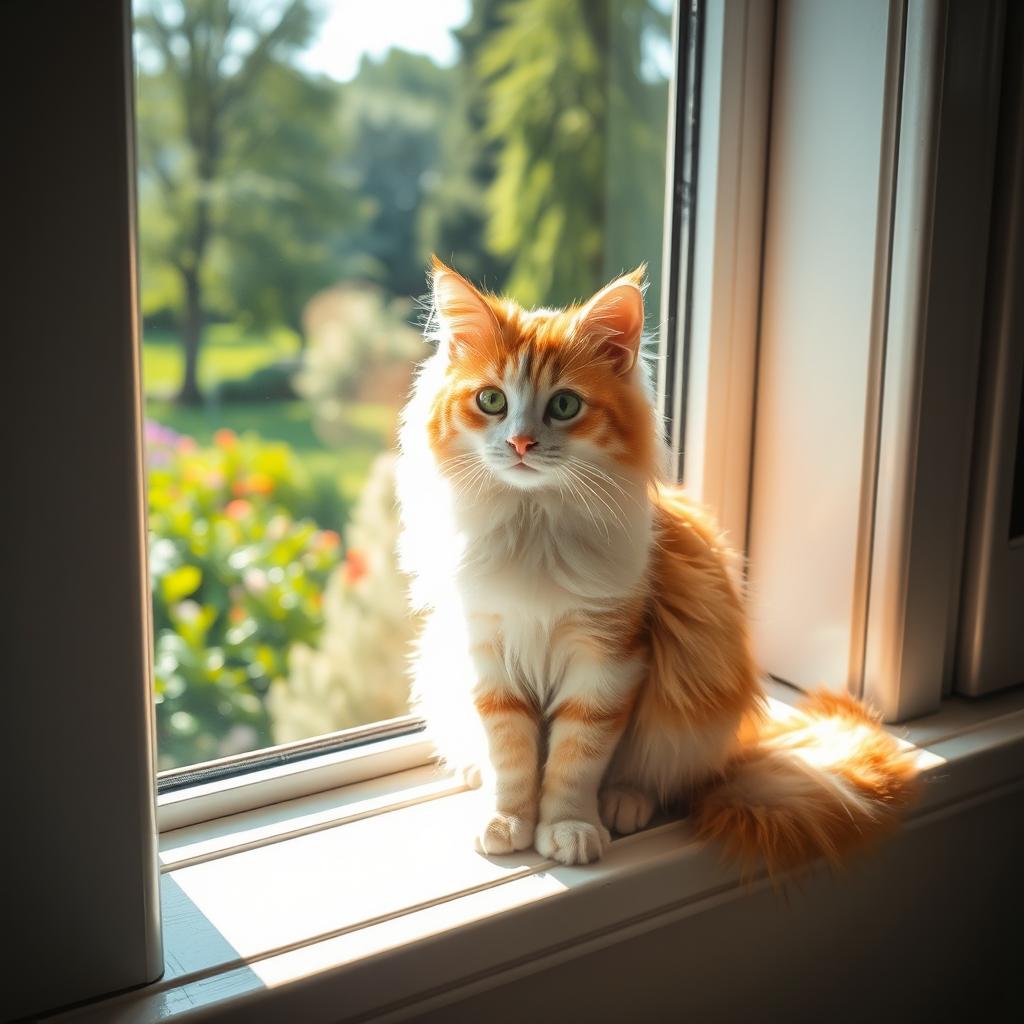 A cute, fluffy cat sitting elegantly on a windowsill, basking in the soft sunlight that gently streams in