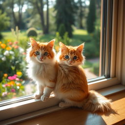 A cute, fluffy cat sitting elegantly on a windowsill, basking in the soft sunlight that gently streams in