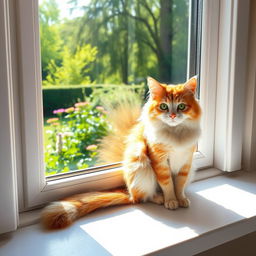 A cute, fluffy cat sitting elegantly on a windowsill, basking in the soft sunlight that gently streams in