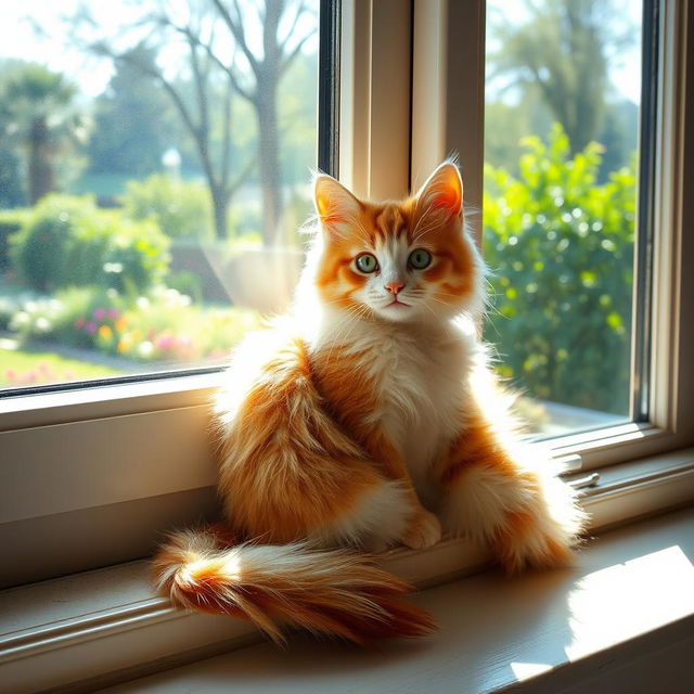 A cute, fluffy cat sitting elegantly on a windowsill, basking in the soft sunlight that gently streams in