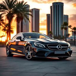 A sleek and luxurious Mercedes-Benz car, parked elegantly in a modern urban setting during sunset