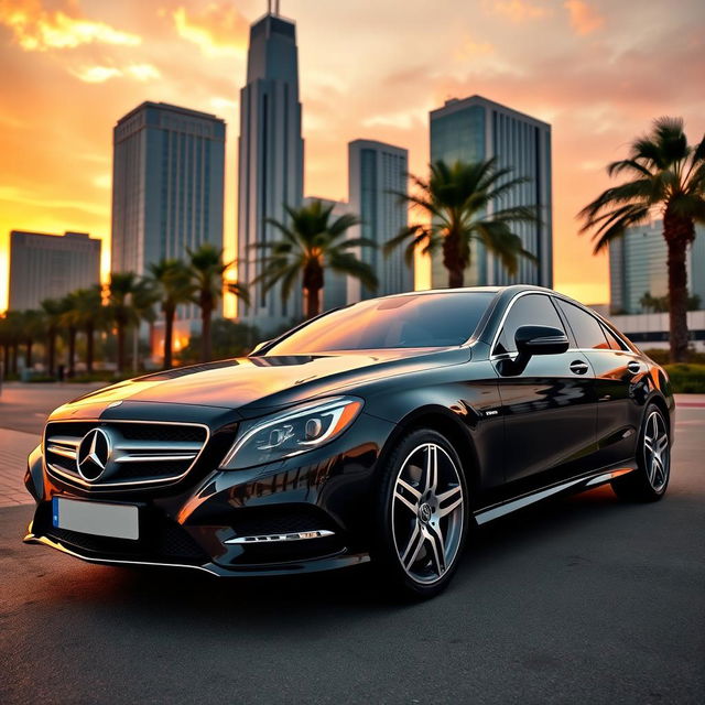 A sleek and luxurious Mercedes-Benz car, parked elegantly in a modern urban setting during sunset