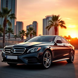 A sleek and luxurious Mercedes-Benz car, parked elegantly in a modern urban setting during sunset