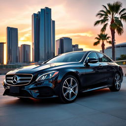 A sleek and luxurious Mercedes-Benz car, parked elegantly in a modern urban setting during sunset