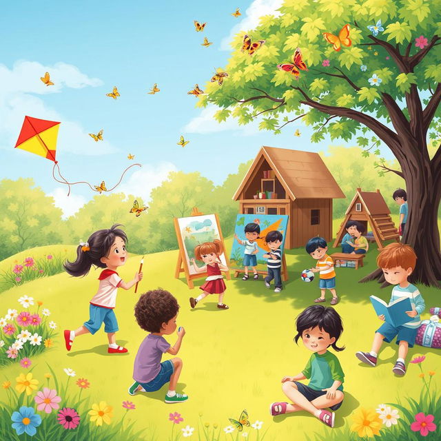 A lively scene of diverse children engaging in various activities at a vibrant park