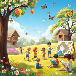 A lively scene of diverse children engaging in various activities at a vibrant park