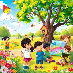 A lively scene of diverse children engaging in various activities at a vibrant park