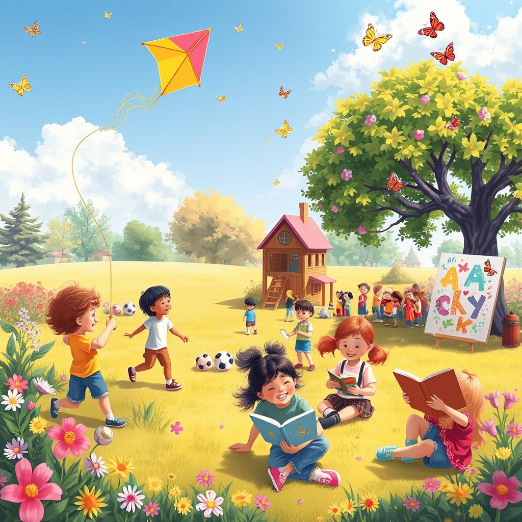 A lively scene of diverse children engaging in various activities at a vibrant park