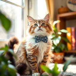 A cute cat wearing a stylish bow tie, sitting elegantly in a cozy room, soft sunlight streaming through a window, surrounded by plants and a few colorful books on a shelf