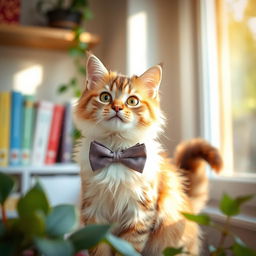 A cute cat wearing a stylish bow tie, sitting elegantly in a cozy room, soft sunlight streaming through a window, surrounded by plants and a few colorful books on a shelf