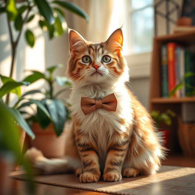 A cute cat wearing a stylish bow tie, sitting elegantly in a cozy room, soft sunlight streaming through a window, surrounded by plants and a few colorful books on a shelf