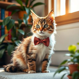 A cute cat wearing a stylish bow tie, sitting elegantly in a cozy room, soft sunlight streaming through a window, surrounded by plants and a few colorful books on a shelf