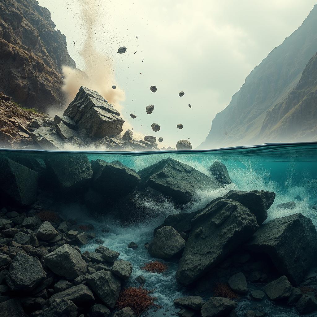 A large piece of rock that has been shattered by a mine explosion, fragmented into 10 smaller, rounded pieces rolling down a mountain towards a river
