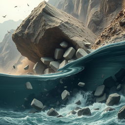 A large piece of rock that has been shattered by a mine explosion, fragmented into 10 smaller, rounded pieces rolling down a mountain towards a river