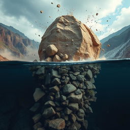A large piece of rock that has been shattered by a mine explosion, fragmented into 10 smaller, rounded pieces rolling down a mountain towards a river