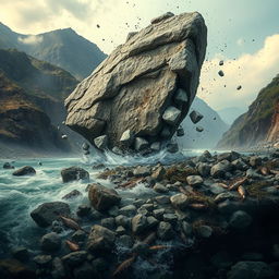 A large piece of rock that has been shattered by a mine explosion, fragmented into 10 smaller, rounded pieces rolling down a mountain towards a river