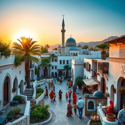 A picturesque representation of a vibrant Muslim village, showcasing traditional architecture with whitewashed walls and intricate geometric patterns