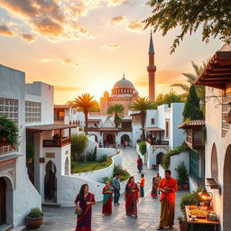 A picturesque representation of a vibrant Muslim village, showcasing traditional architecture with whitewashed walls and intricate geometric patterns