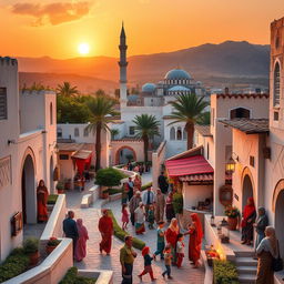 A picturesque representation of a vibrant Muslim village, showcasing traditional architecture with whitewashed walls and intricate geometric patterns