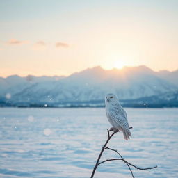 A bright, ethereal landscape featuring a vast snowy field under a clear blue sky with a golden sunrise in the background