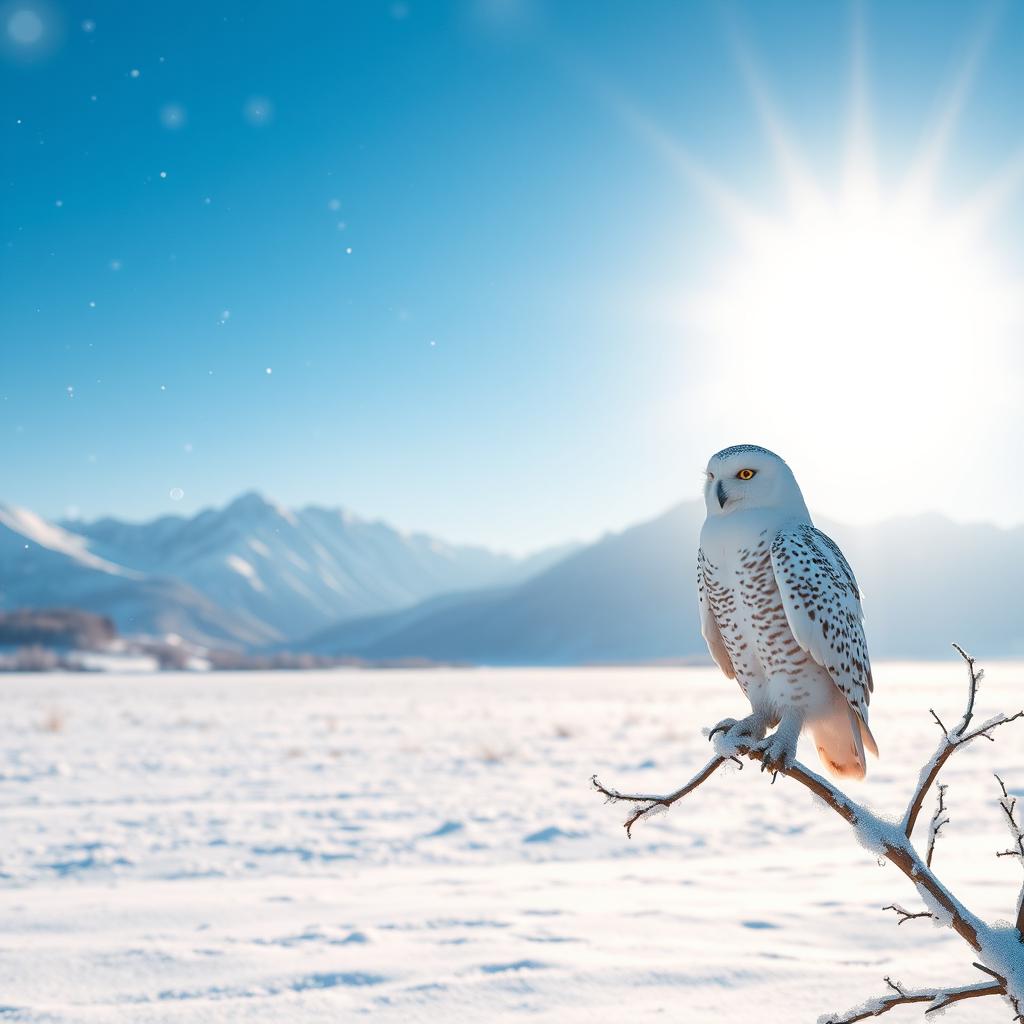 A bright, ethereal landscape featuring a vast snowy field under a clear blue sky with a golden sunrise in the background