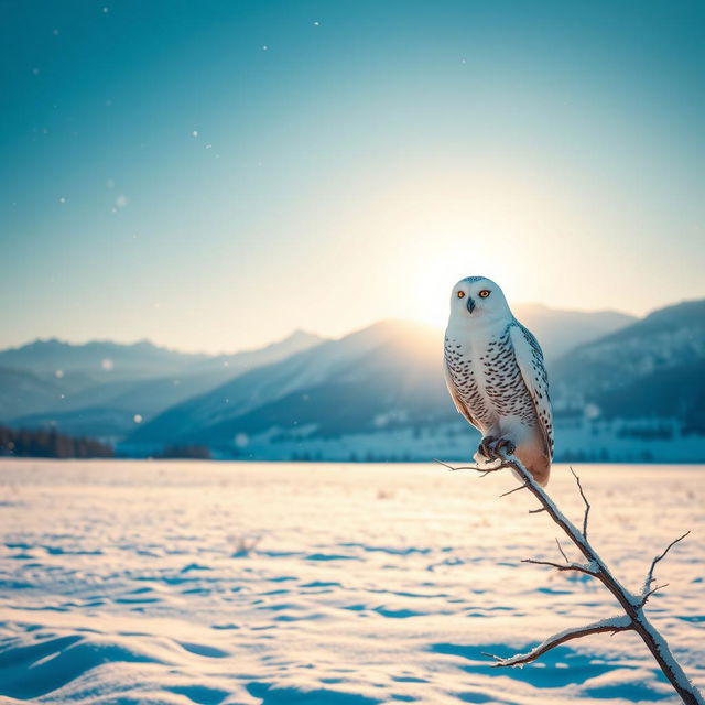 A bright, ethereal landscape featuring a vast snowy field under a clear blue sky with a golden sunrise in the background