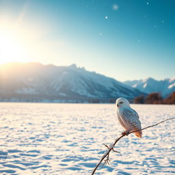 A bright, ethereal landscape featuring a vast snowy field under a clear blue sky with a golden sunrise in the background