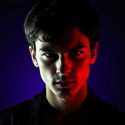 A moody portrait of a person with a mysterious and serious expression, with dramatic shadow effects emphasizing the contours of their face and features