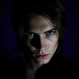 A moody portrait of a person with a mysterious and serious expression, with dramatic shadow effects emphasizing the contours of their face and features