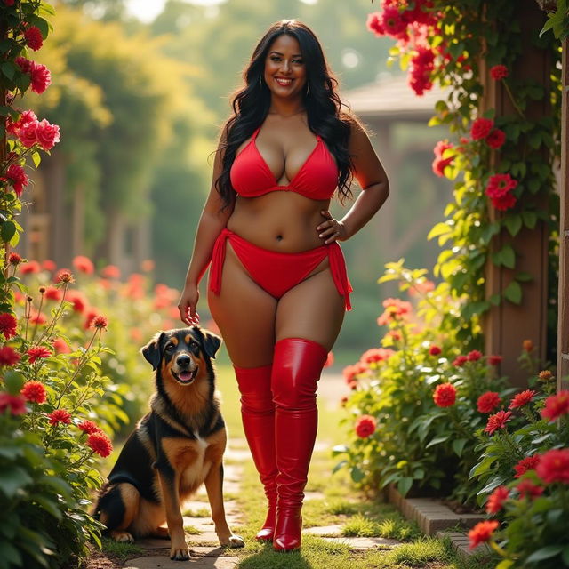 An Indian woman in her 40s confidently showcasing her voluptuous figure in a vibrant red bikini set and thigh-high boots