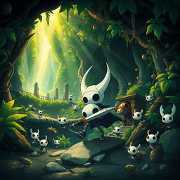 A beautifully detailed illustration inspired by the game Hollow Knight, featuring the main character, a small, brave knight with a round head and delicate body, wielding a shiny nail weapon